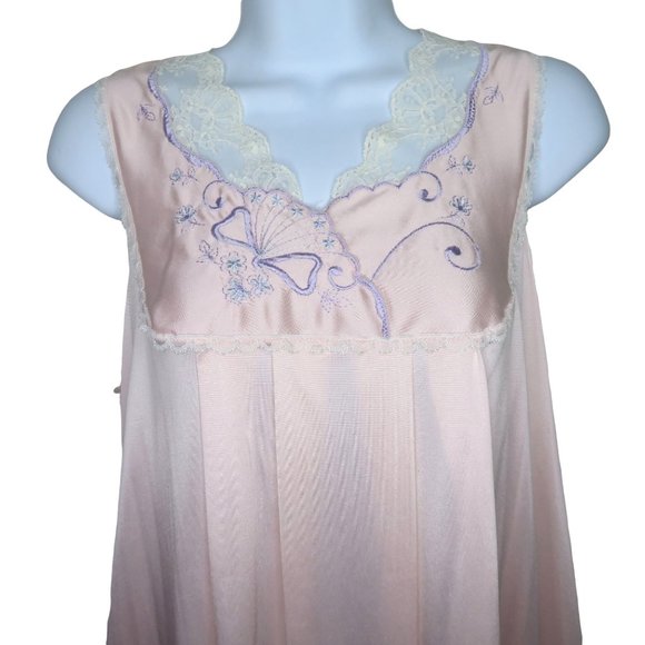 Vintage 60s Vanity Fair Full Length Nylon Nightgown M Pink Embroidery Lace USA - Picture 3 of 14